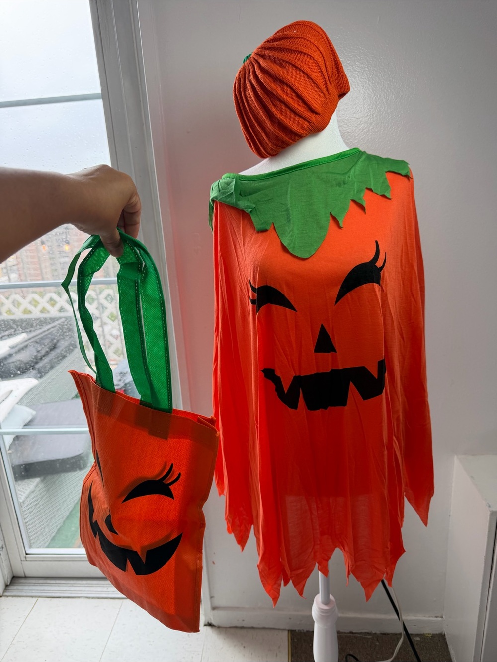 Halloween Pumpkin Costume Set Poncho Hat Tote Bag Jack O Lantern Adult OS